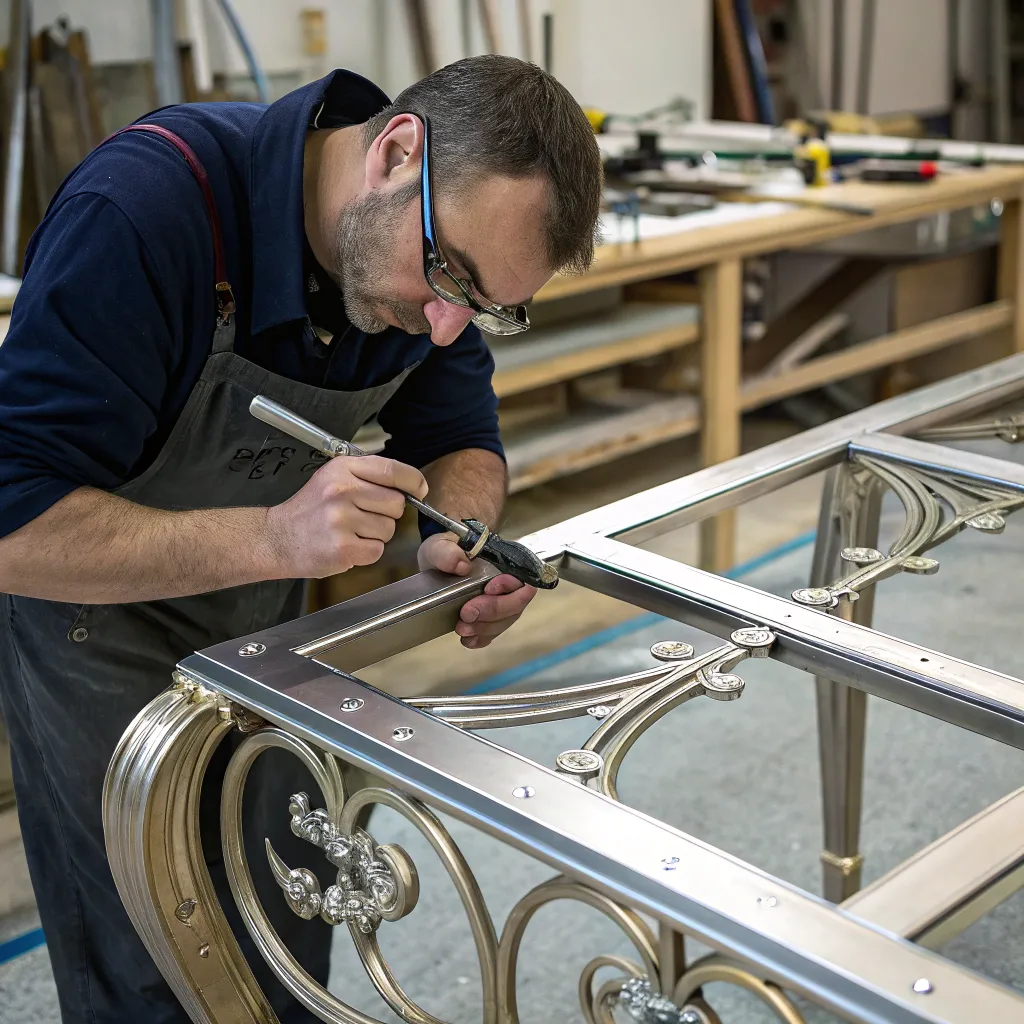 Artisan working on a metal and glass furniture piece